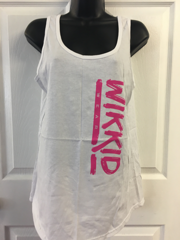 White Tank Top with a Vertical Pink Logo